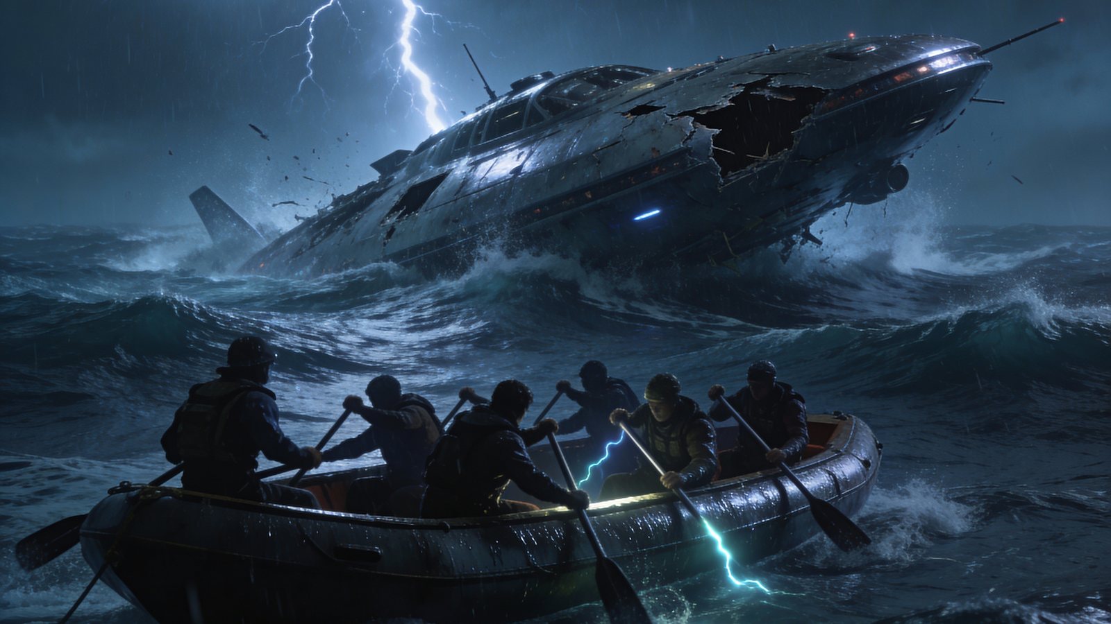 A lifeboat crew rowing through storm seas toward a damaged vessel under lightning.